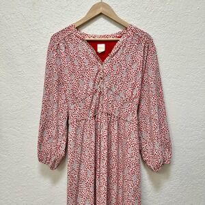 VTG White Elegance Red Floral Print Long Sleeve Midi Dress Casual Feminine